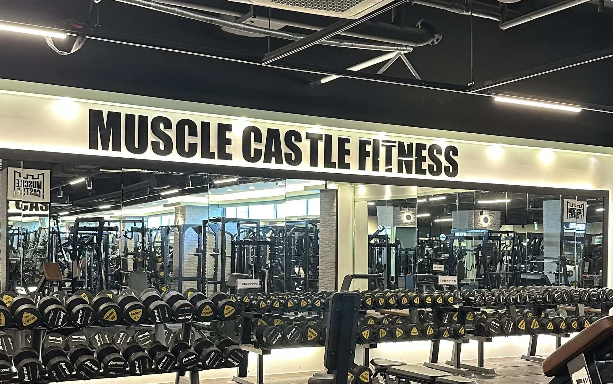MUSCLE CASTLE FITNESS 벽 간판 아래 덤벨 랙